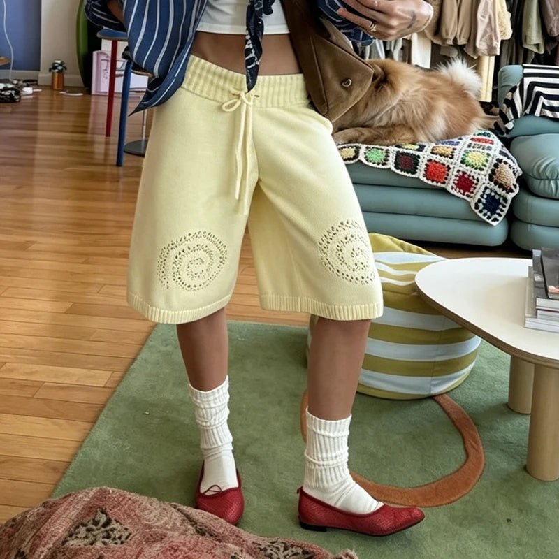 OLANE Drawstring Waist Knit Culottes Shorts YellowLWomen's Bottoms