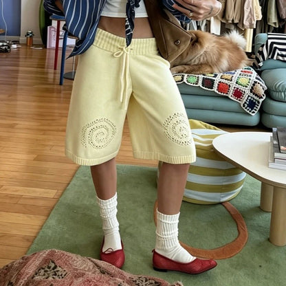 OLANE Drawstring Waist Knit Culottes Shorts YellowLWomen's Bottoms