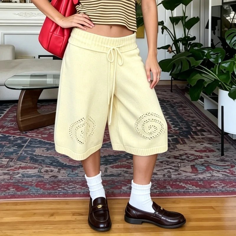OLANE Drawstring Waist Knit Culottes Shorts YellowMWomen's Bottoms
