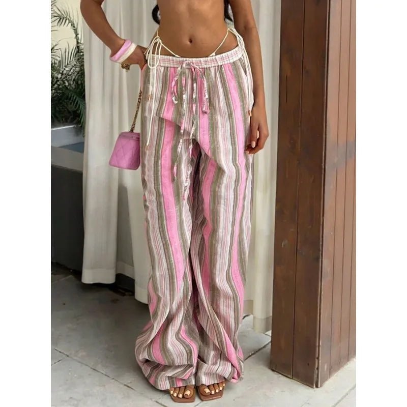 OLANE Elastic Waist Wide-Leg Striped Pants PinkMWomen's Bottoms