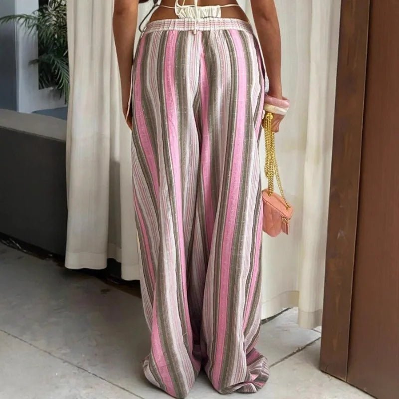 OLANE Elastic Waist Wide-Leg Striped Pants PinkSWomen's Bottoms