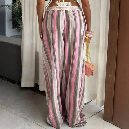 OLANE Elastic Waist Wide-Leg Striped Pants PinkSWomen's Bottoms