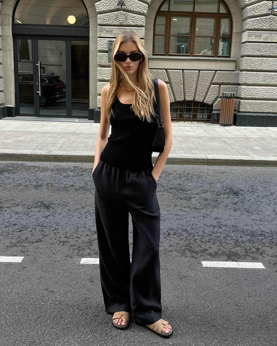 OLANE Elastic Waistband Wide Leg Satin Trousers BlackMWomen's Bottoms