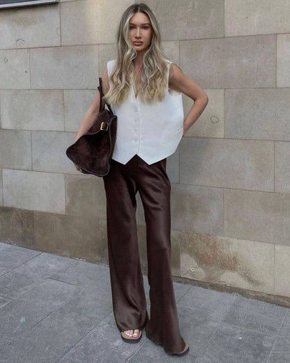 OLANE Elastic Waistband Wide Leg Satin Trousers BrownSWomen's Bottoms