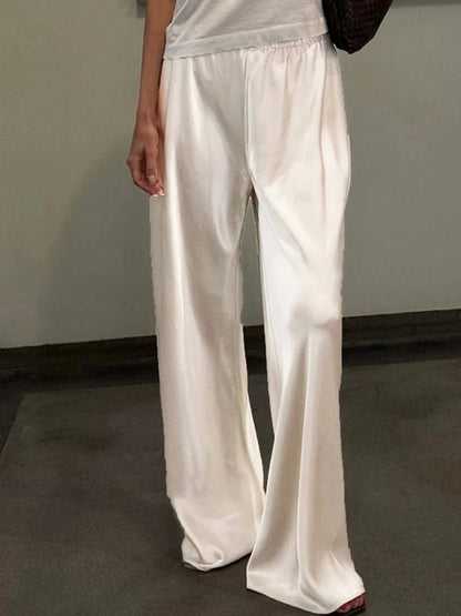 OLANE Elastic Waistband Wide Leg Satin Trousers IvoryMWomen's Bottoms