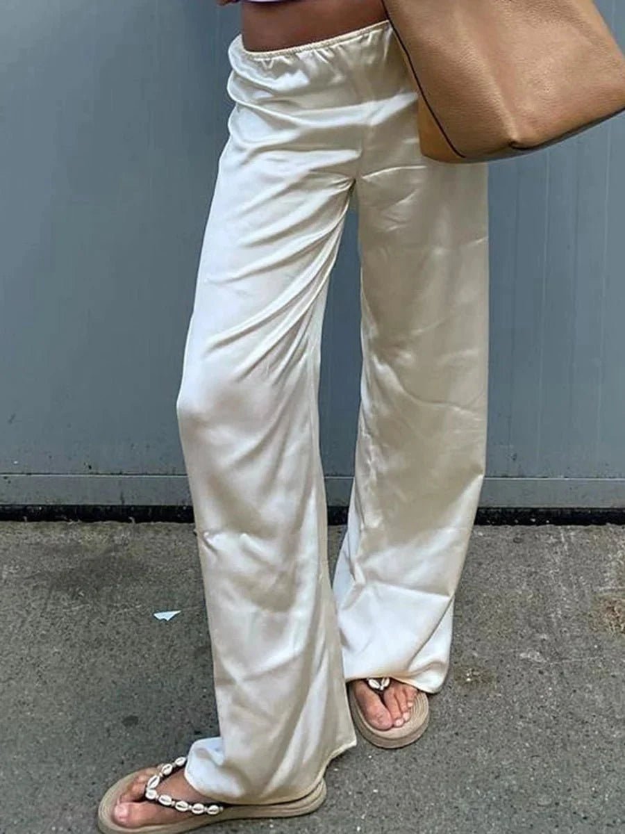 OLANE Elastic Waistband Wide Leg Satin Trousers IvoryMWomen's Bottoms
