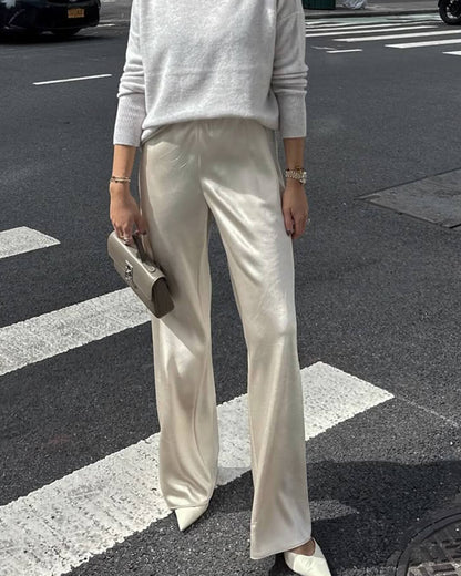 OLANE Elastic Waistband Wide Leg Satin Trousers IvorySWomen's Bottoms