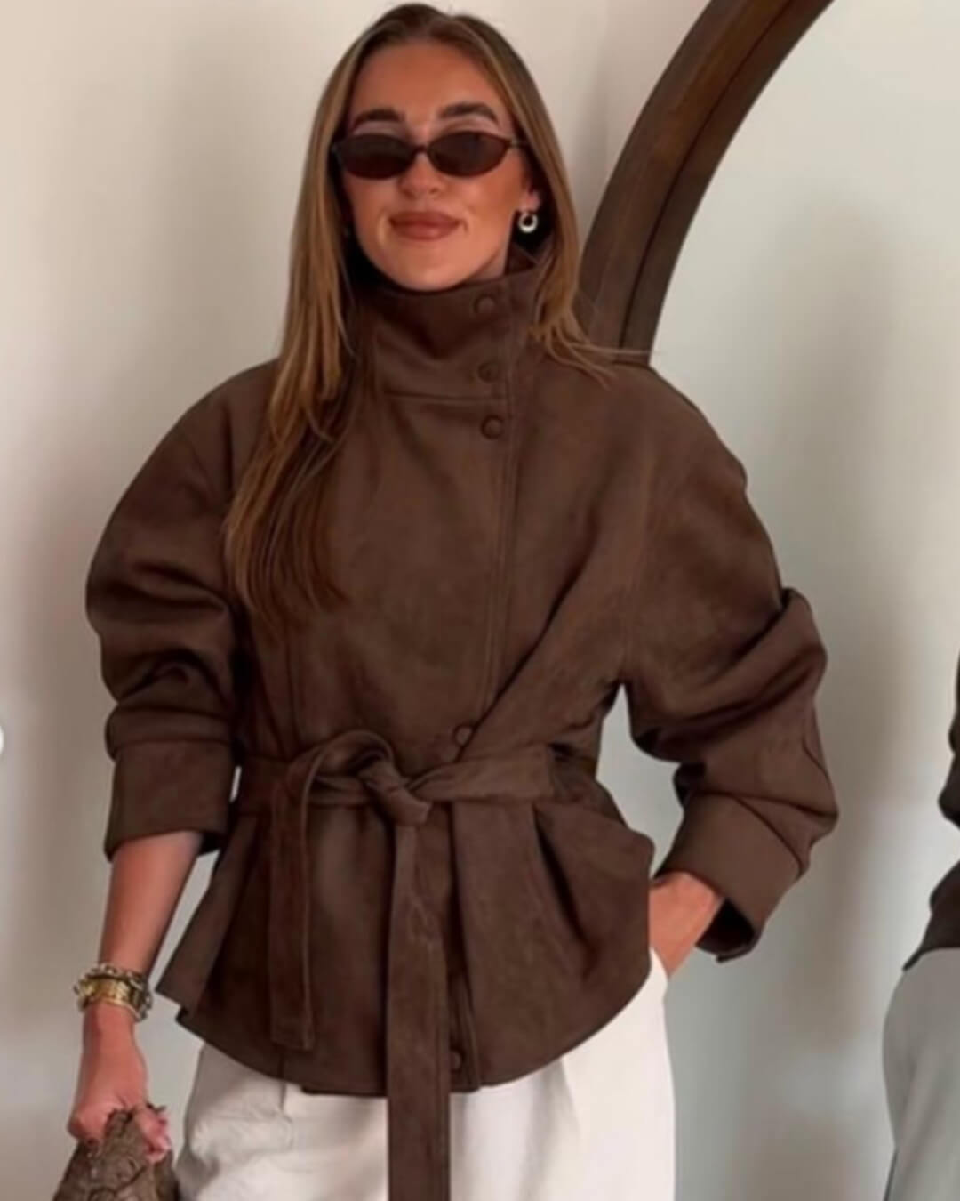 OLANE Elegant Belted Lace-Up Suede Jacket BrownXSJacket
