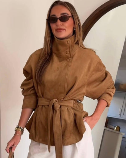 OLANE Elegant Belted Lace-Up Suede Jacket CamelXSJacket