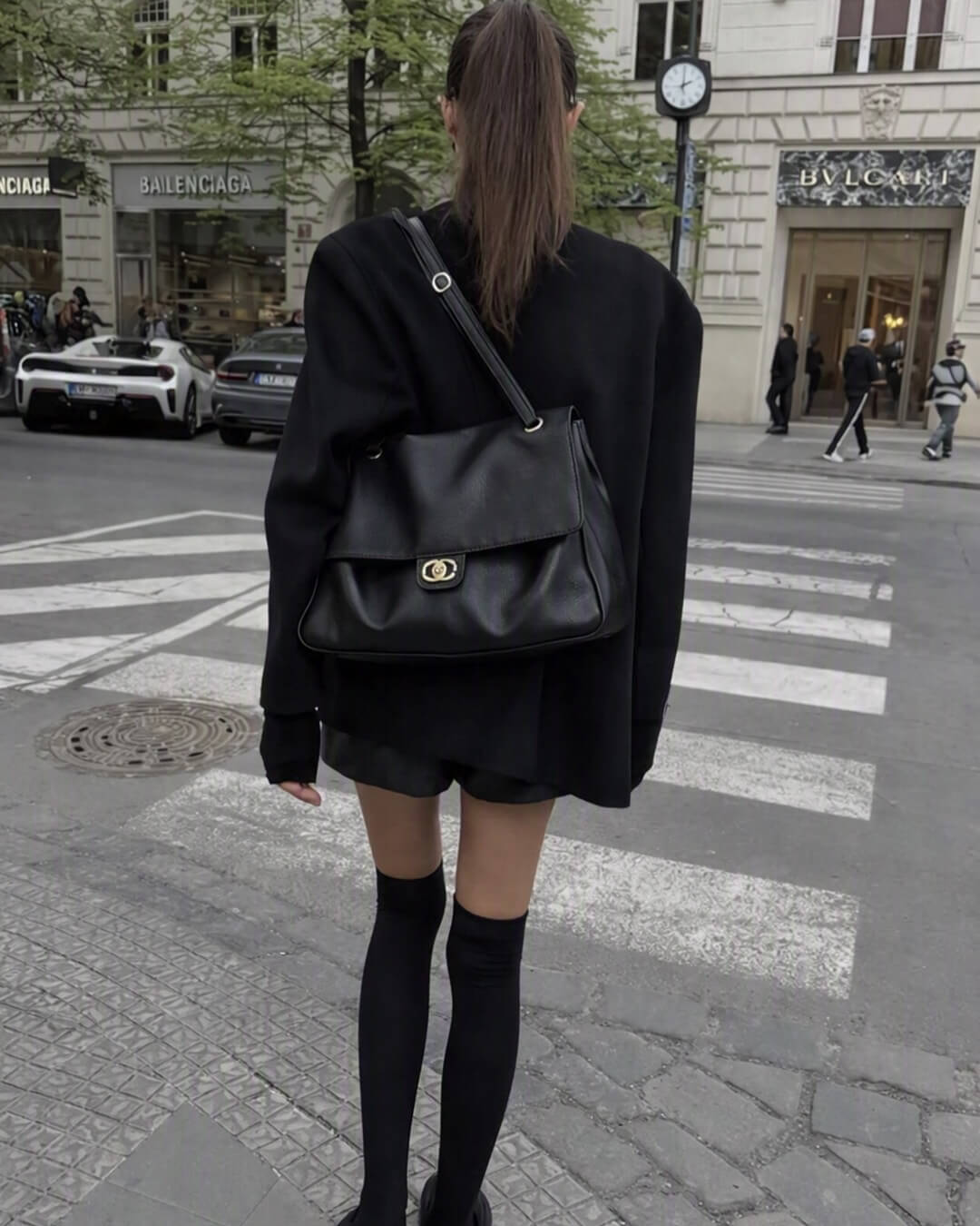OLANE Elegant Buckle Flap Leather Shoulder Bag Black36×24×11 cmWomen's Handbags