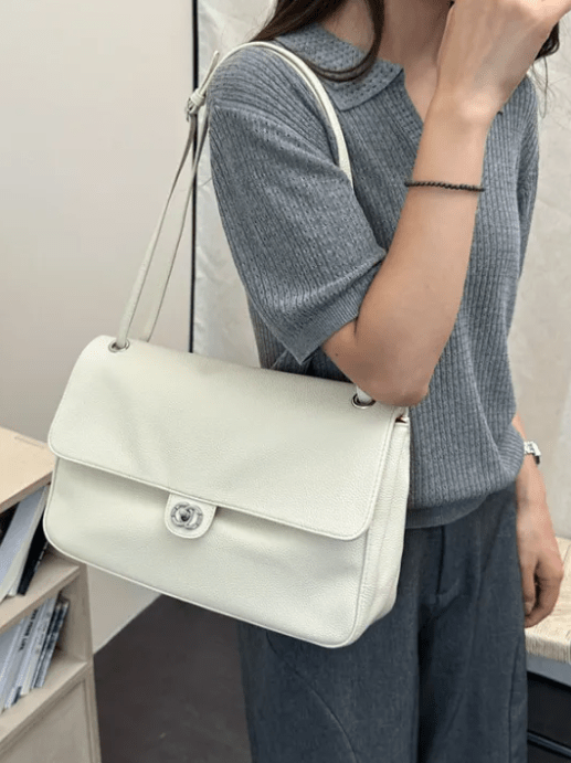 OLANE Elegant Buckle Flap Leather Shoulder Bag White36×24×11 cmWomen's Handbags