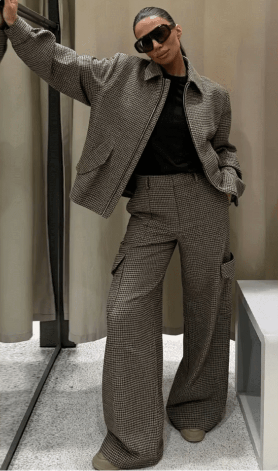 OLANE Elegant Houndstooth Padded Suit Set PantsXSSuit