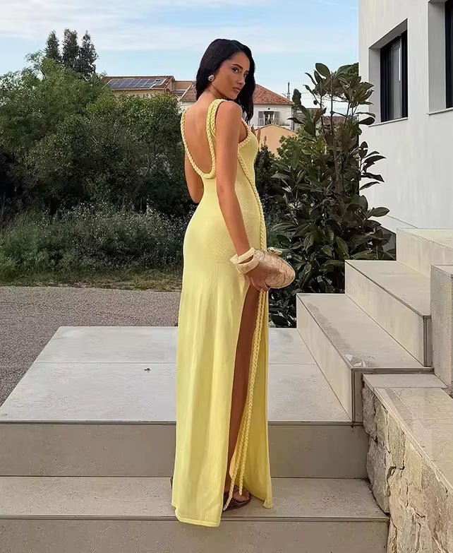 OLANE Elegant Keyhole Backless Maxi Dress YellowMWomen's Dresses