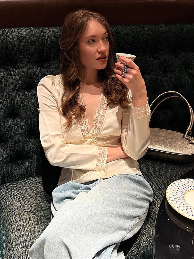 OLANE Elegant Lace Silk Blouse BeigeSWomen's Tops