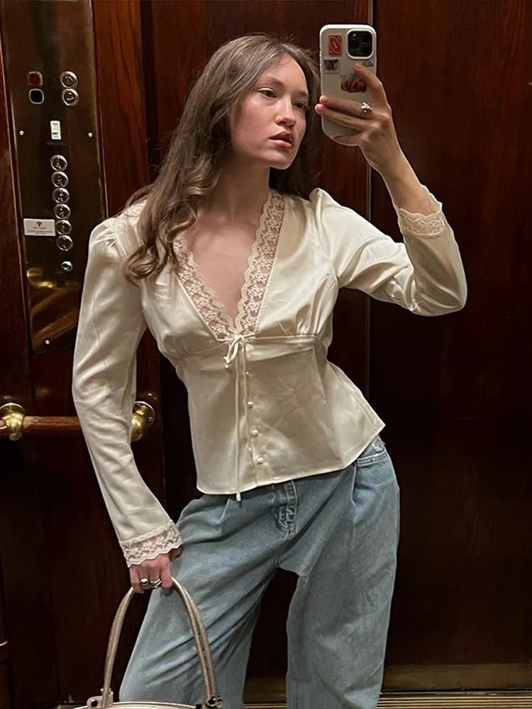 OLANE Elegant Lace Silk Blouse BeigeSWomen's Tops