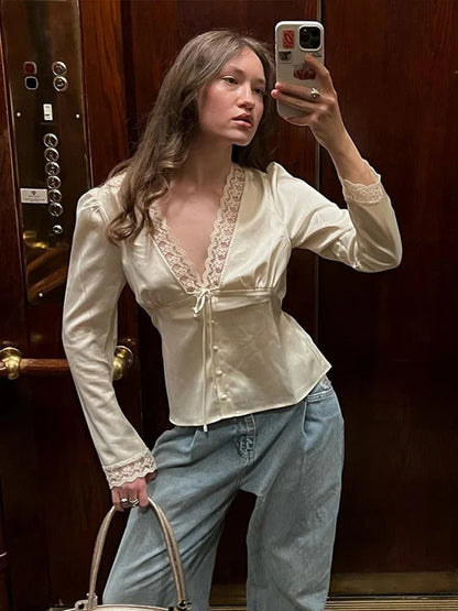 OLANE Elegant Lace Silk Blouse BeigeSWomen's Tops