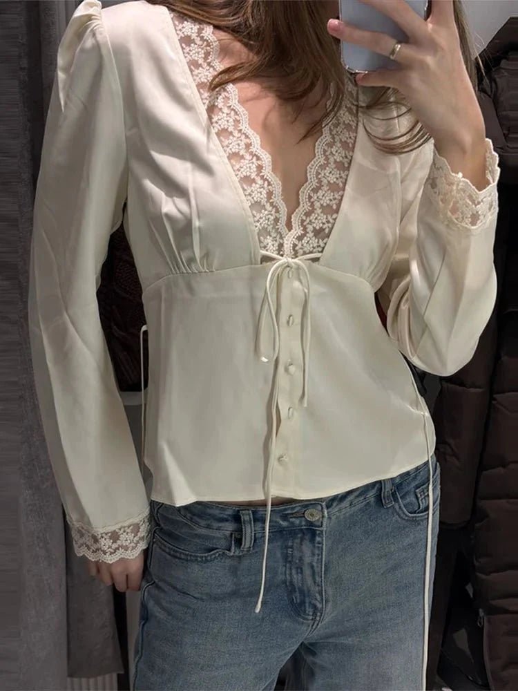 OLANE Elegant Lace Silk Blouse BeigeSWomen's Tops
