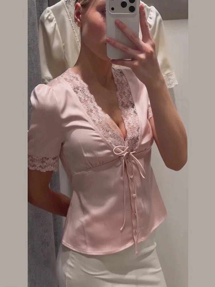 OLANE Elegant Lace Silk Blouse PinkSWomen's Tops