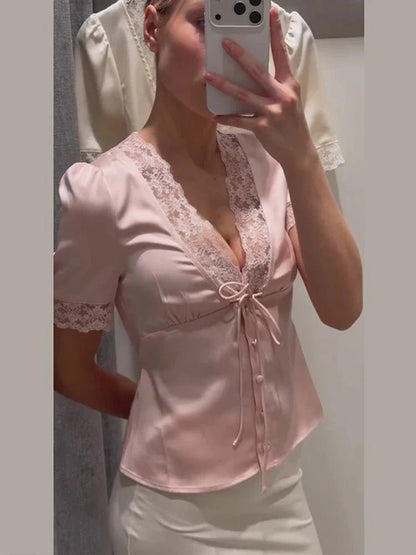 OLANE Elegant Lace Silk Blouse PinkSWomen's Tops