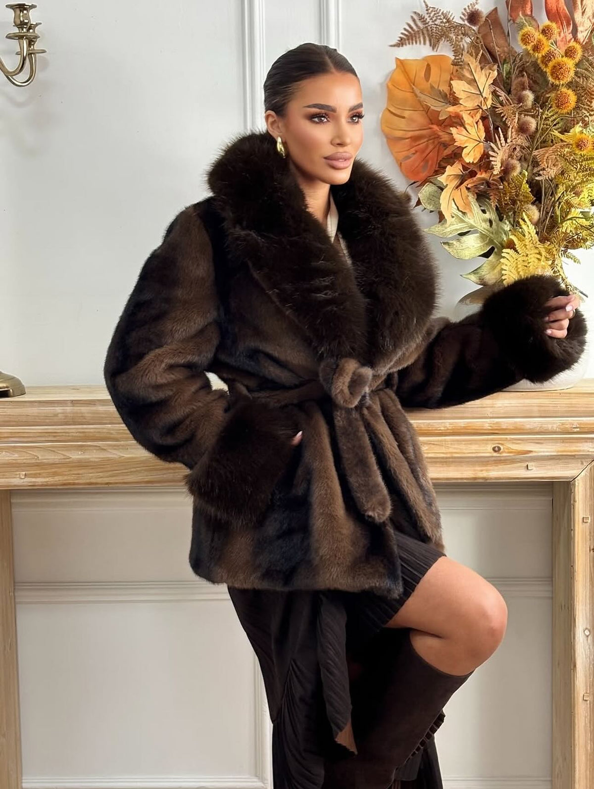 OLANE Elegant Lace-Up Faux Fur Coat BrownLWomen's Coats & Jackets