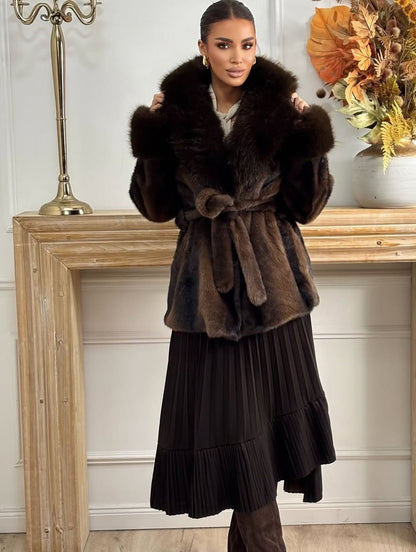OLANE Elegant Lace-Up Faux Fur Coat BrownMWomen's Coats & Jackets