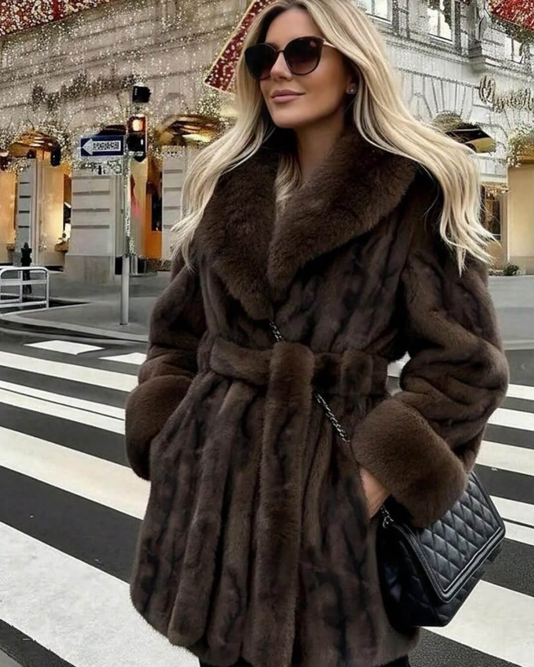 OLANE Elegant Lace-Up Faux Fur Coat BrownMWomen's Coats & Jackets