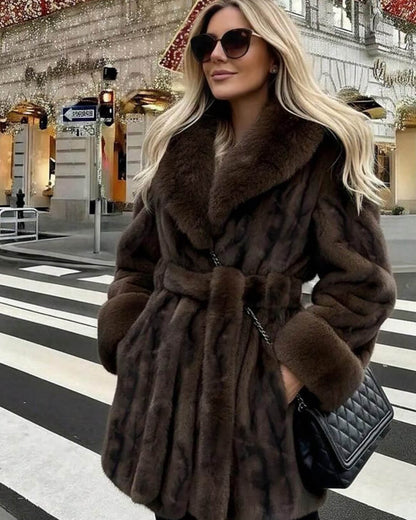 OLANE Elegant Lace-Up Faux Fur Coat BrownMWomen's Coats & Jackets