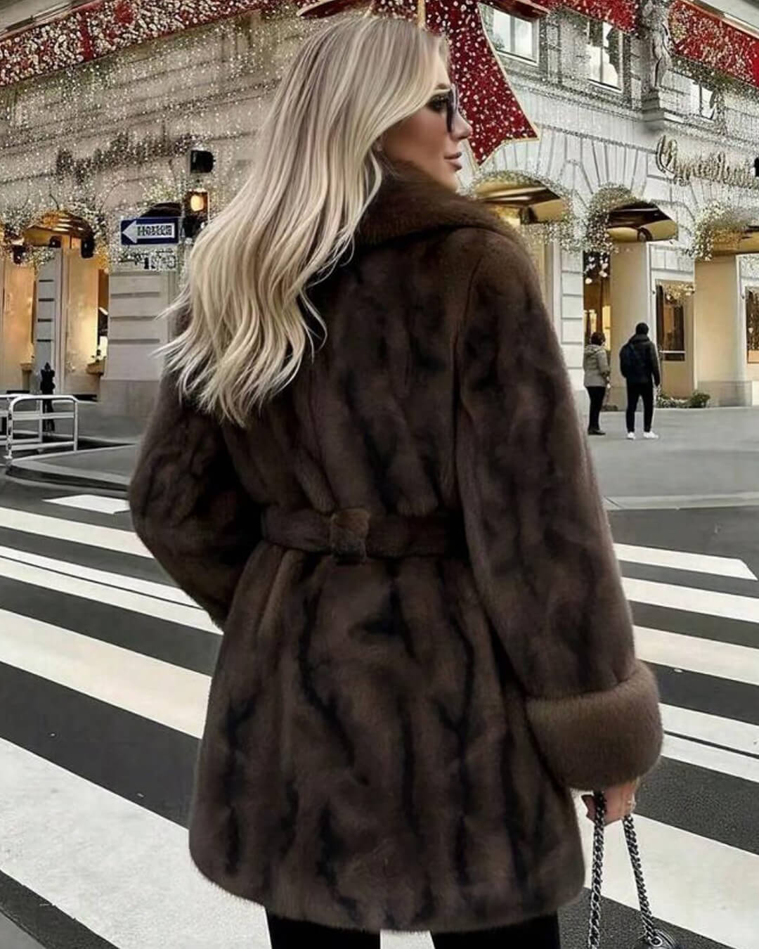 OLANE Elegant Lace-Up Faux Fur Coat BrownMWomen's Coats & Jackets