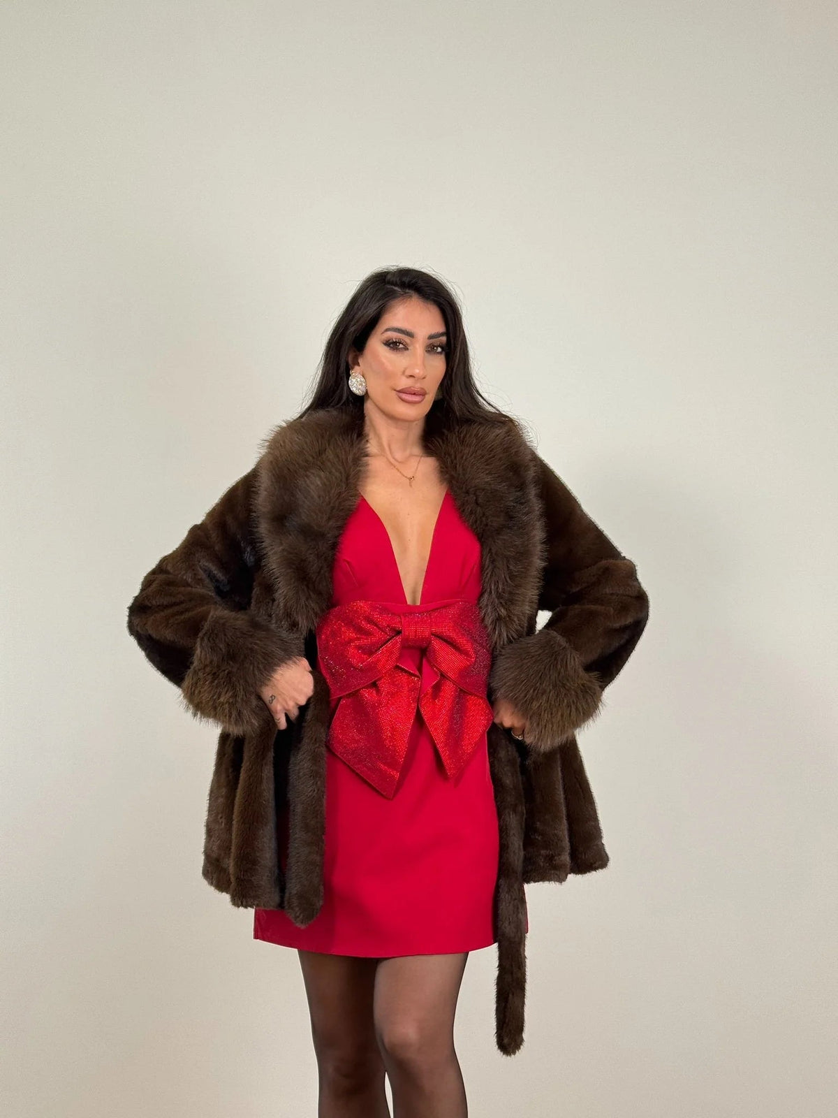 OLANE Elegant Lace-Up Faux Fur Coat BrownSWomen's Coats & Jackets