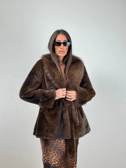 OLANE Elegant Lace-Up Faux Fur Coat BrownSWomen's Coats & Jackets