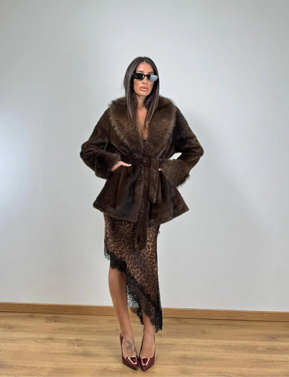 OLANE Elegant Lace-Up Faux Fur Coat BrownSWomen's Coats & Jackets