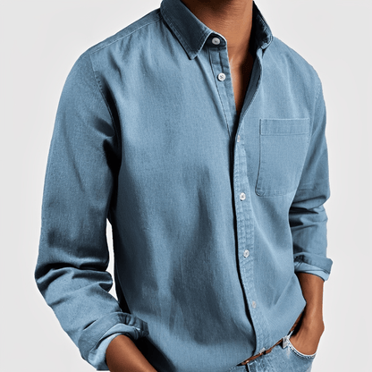 OLANE Elegant Long - Sleeve Button - Up Shirt Light BlueSMen's Tops