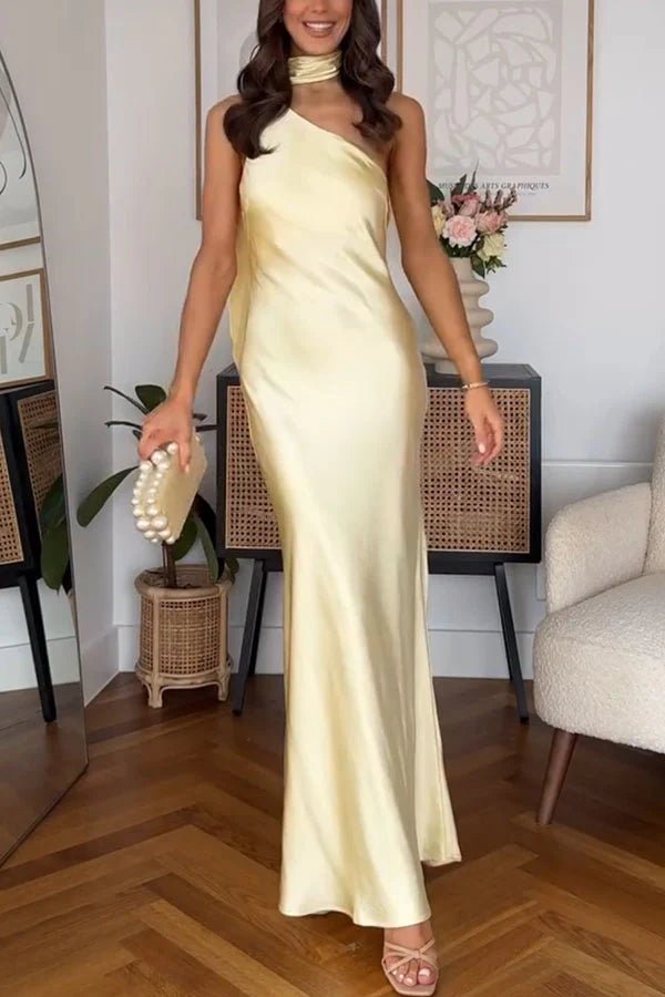 OLANE Elegant One-Shoulder Silk Evening Gown MWomen’s Dresses