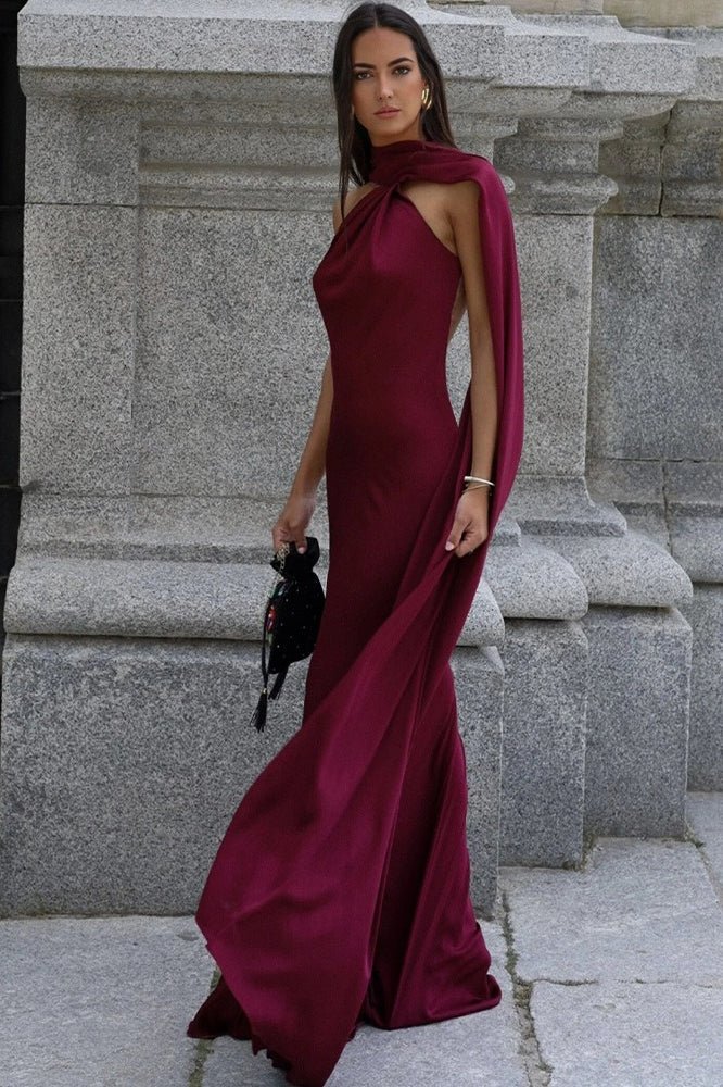 OLANE Elegant Satin Halter Cape Dress BurgundySWomen's Dresses