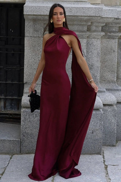 OLANE Elegant Satin Halter Cape Dress BurgundySWomen's Dresses