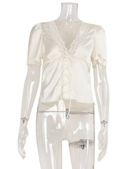 OLANE Elegant Satin Lace Trim Blouse BlackSWomen's Tops