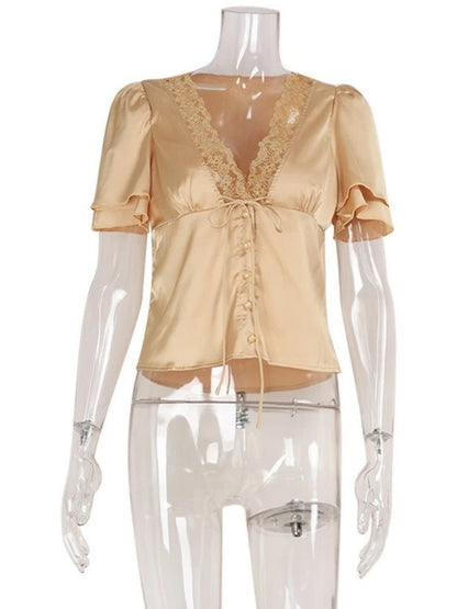 OLANE Elegant Satin Lace Trim Blouse BlackSWomen's Tops