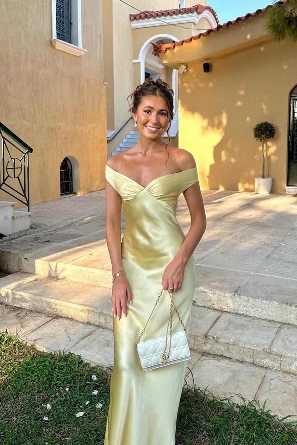 OLANE Elegant Satin Off Shoulder Maxi Dress YellowXSWomen’s Dresses