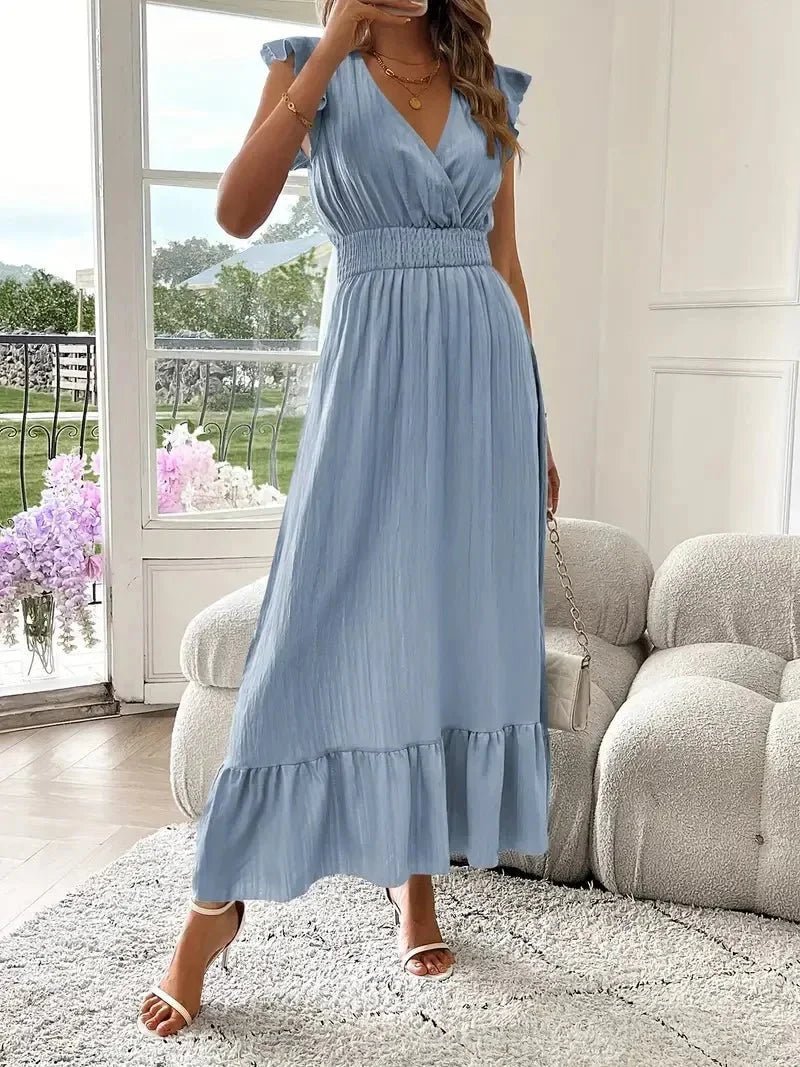OLANE Elegant V - Neck Ruffle Swing Dress Light BlueSWomen's Dresses