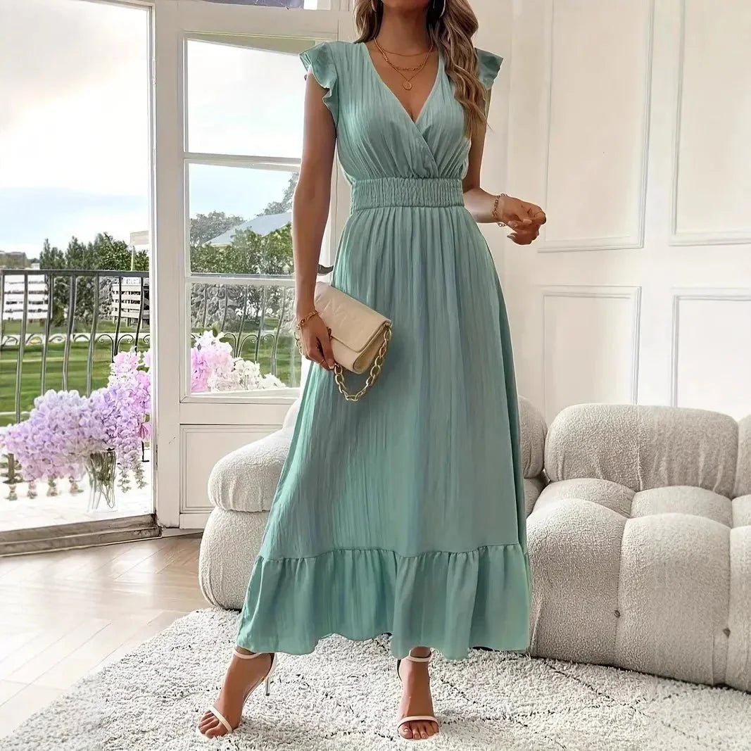 OLANE Elegant V - Neck Ruffle Swing Dress SageSWomen's Dresses