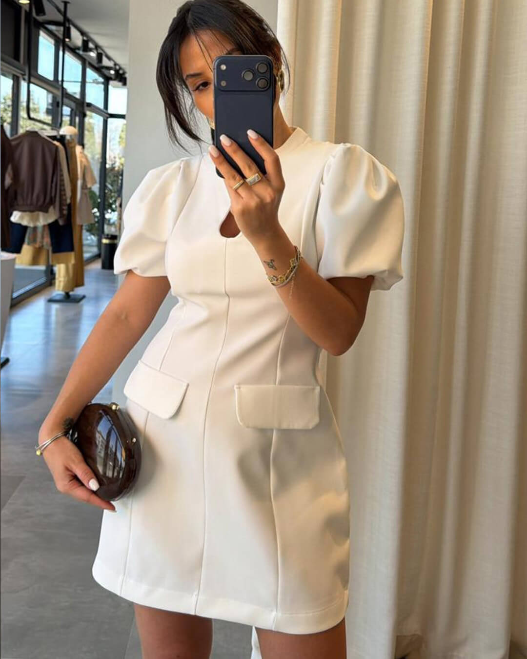OLANE Elowen Puff Sleeve Mini Dress WhiteMWomen's Dresses