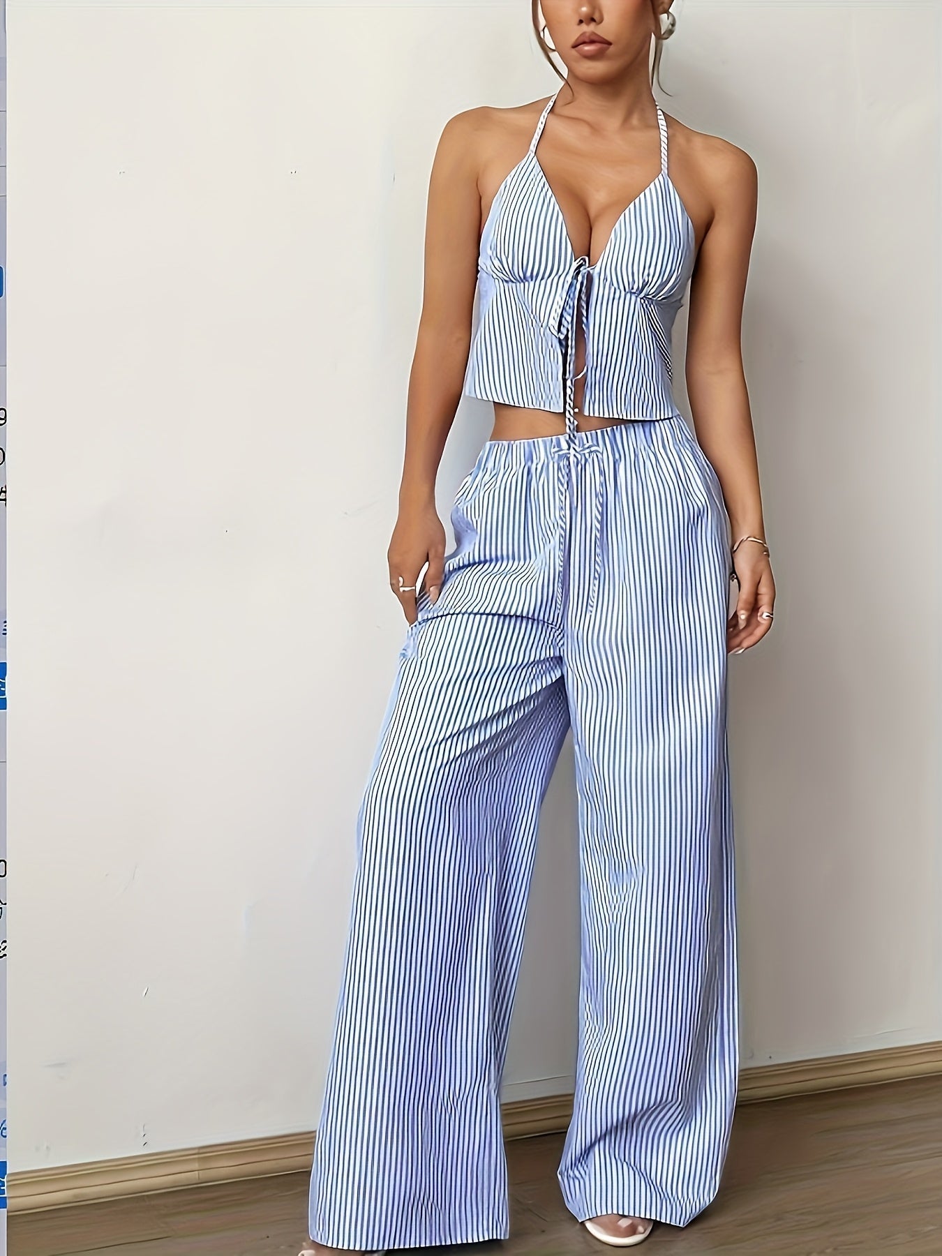 OLANE Emilia Striped Halter Top Set BlueXSWomen's Sets