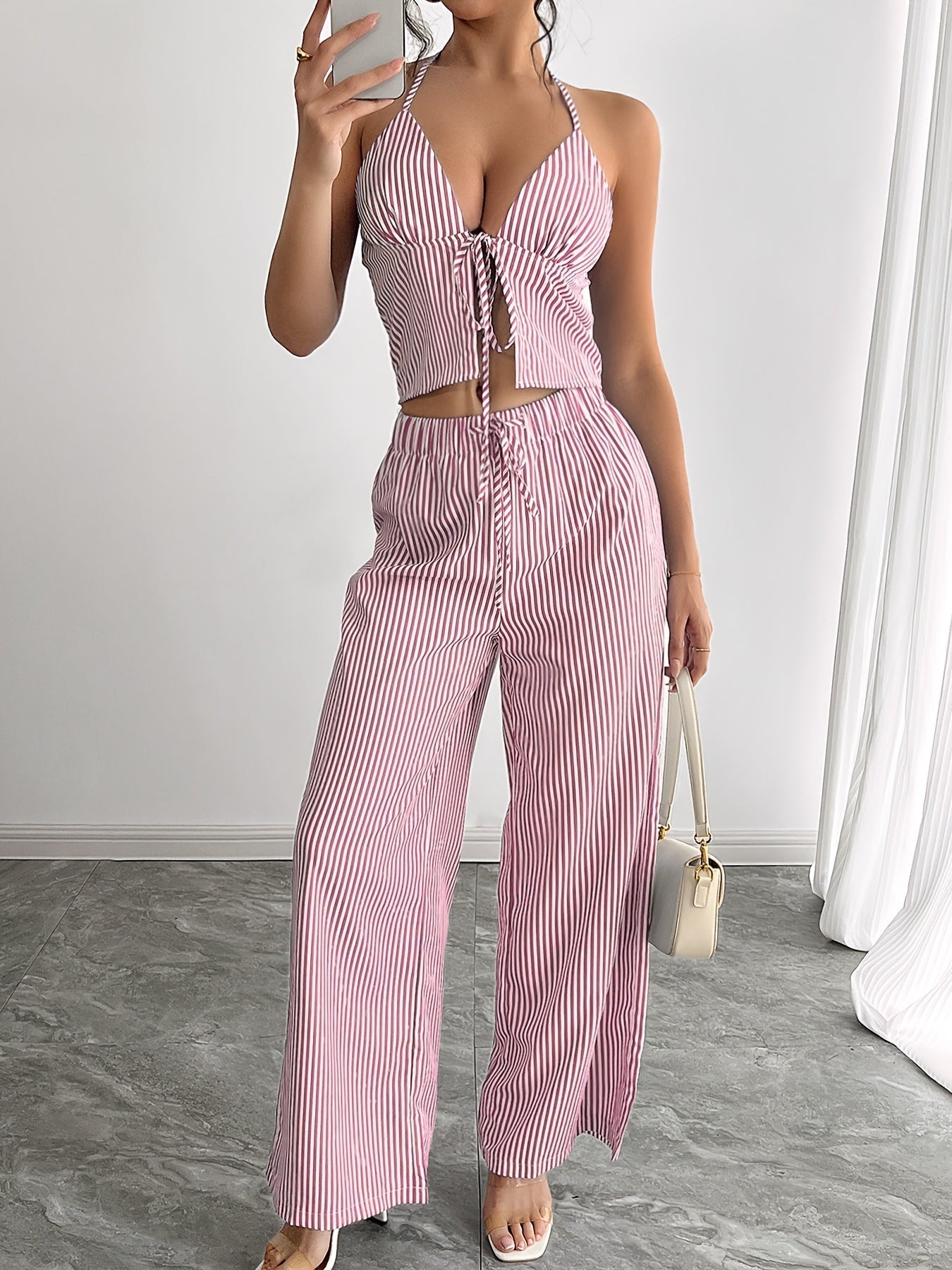 OLANE Emilia Striped Halter Top Set PinkXSWomen's Sets
