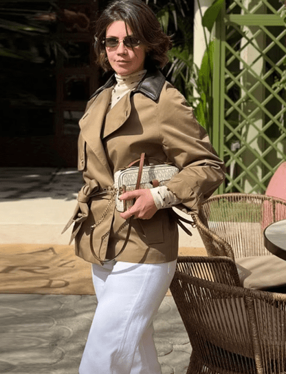 OLANE Faux Leather Collar Belted Trench Coat LWomen's Coats & Jackets