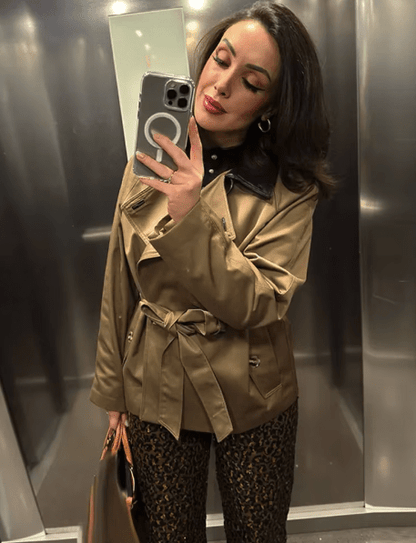 OLANE Faux Leather Collar Belted Trench Coat LWomen's Coats & Jackets
