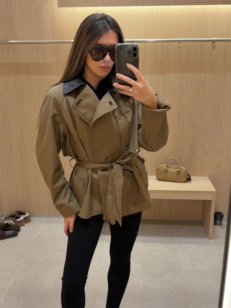 OLANE Faux Leather Collar Belted Trench Coat MWomen's Coats & Jackets