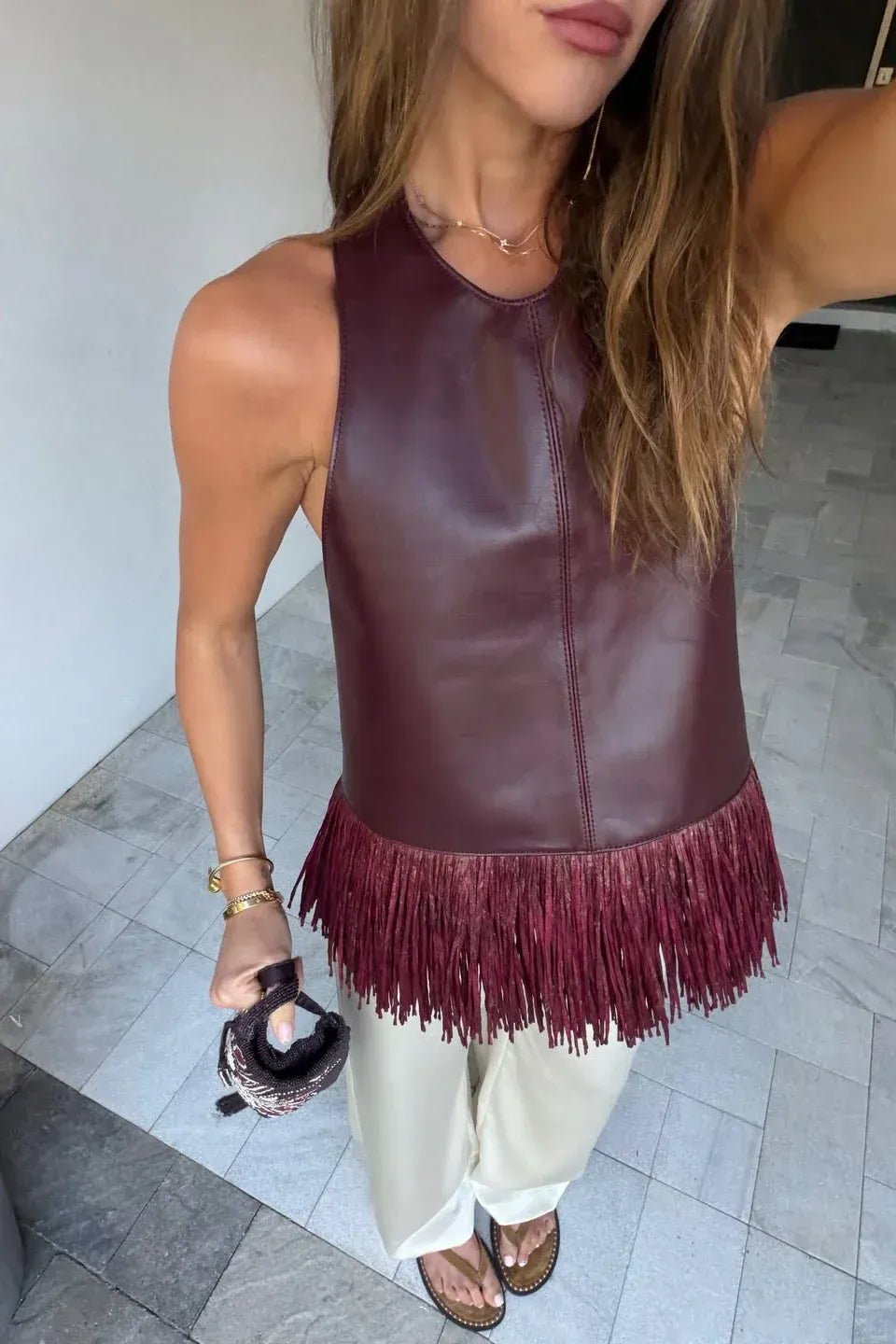 OLANE Faux Leather Fringe Halter Top WhiteSWomen’s Tops