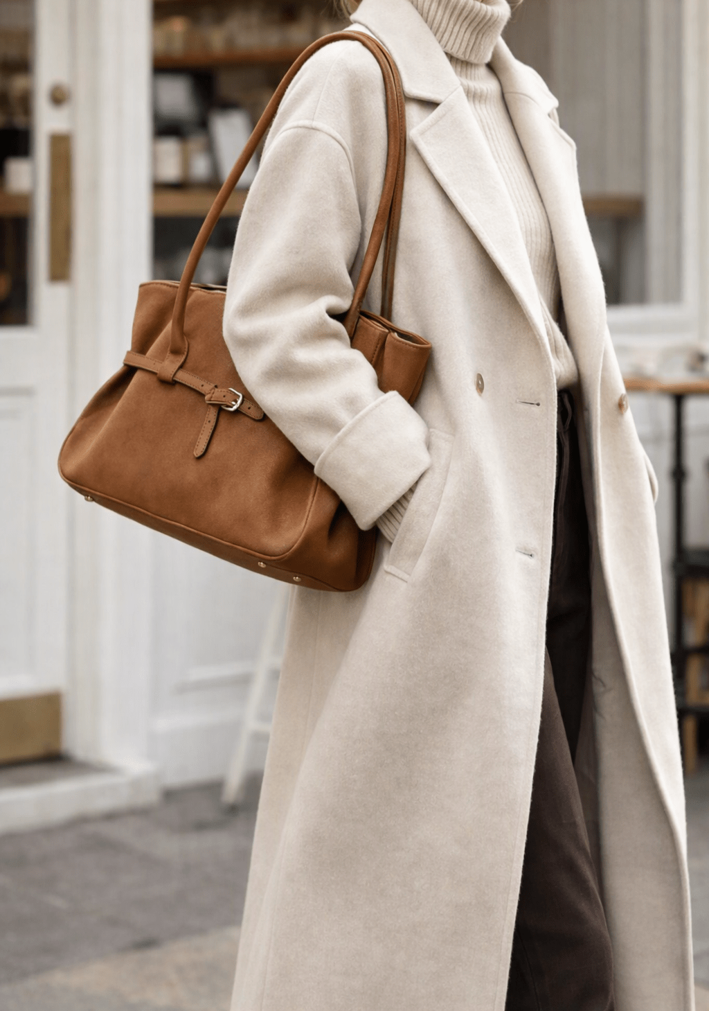 OLANE Faux Suede Belted Tote Bag BrownWomen's Handbags