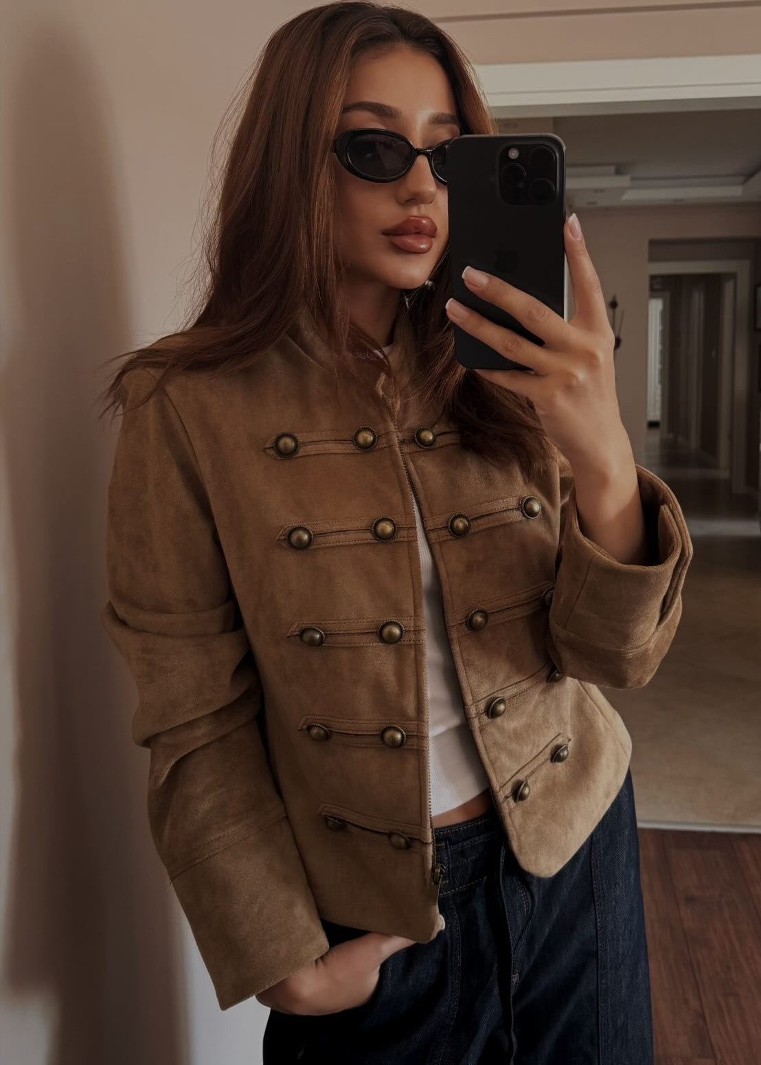 OLANE Faux Suede Napoleon Slim Jacket BrownXSWomen's Coats & Jackets