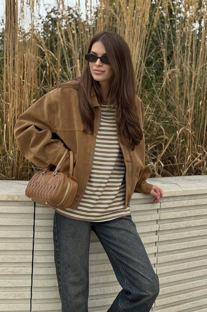 OLANE Faux Suede Zip-Up Bomber Jacket BrownLWomen's Coats & Jackets
